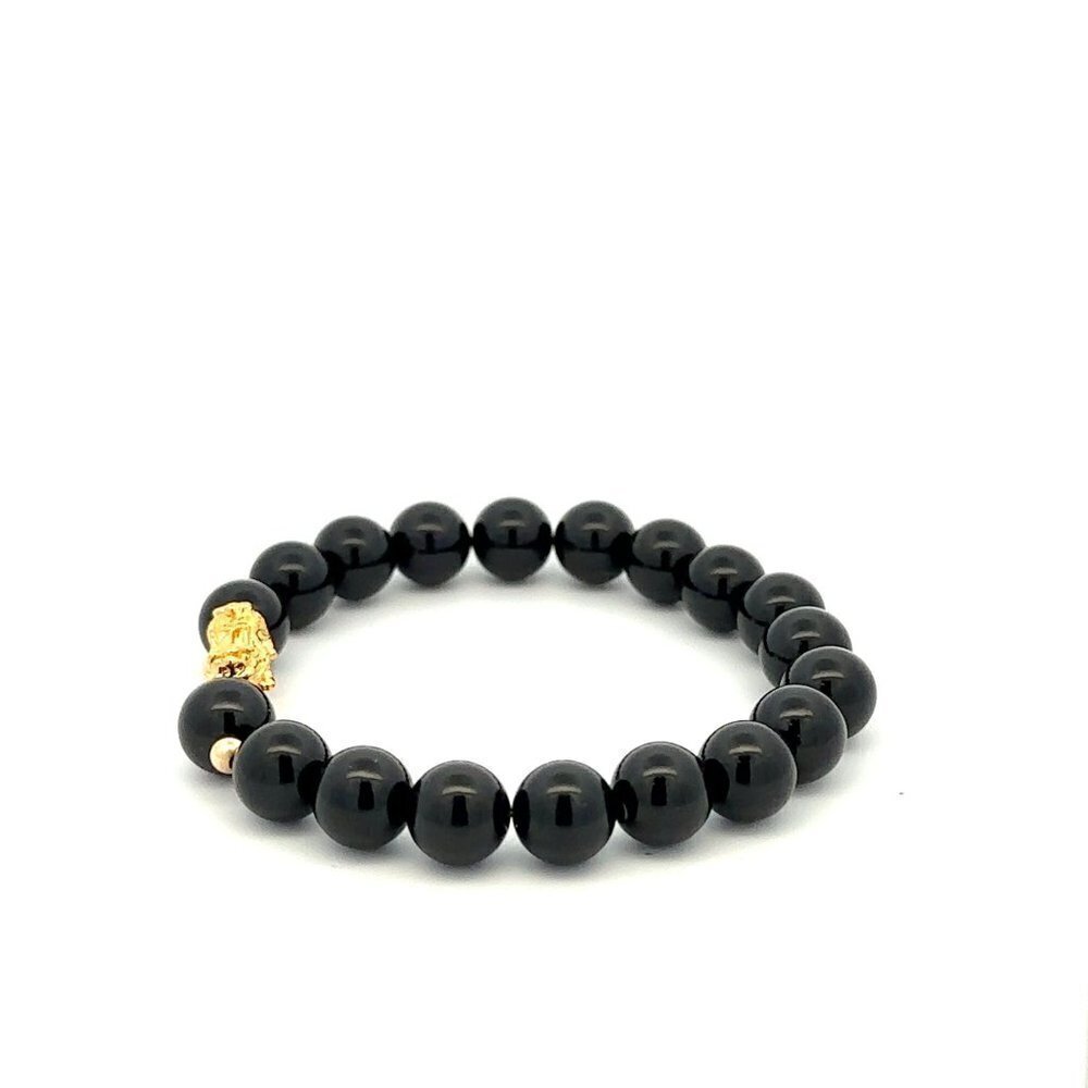 18K Gold Dragon Pixiu Piyao Lucky Charm Bead Bracelet Gemstone Black Onyx 8mm - Picture 9 of 9